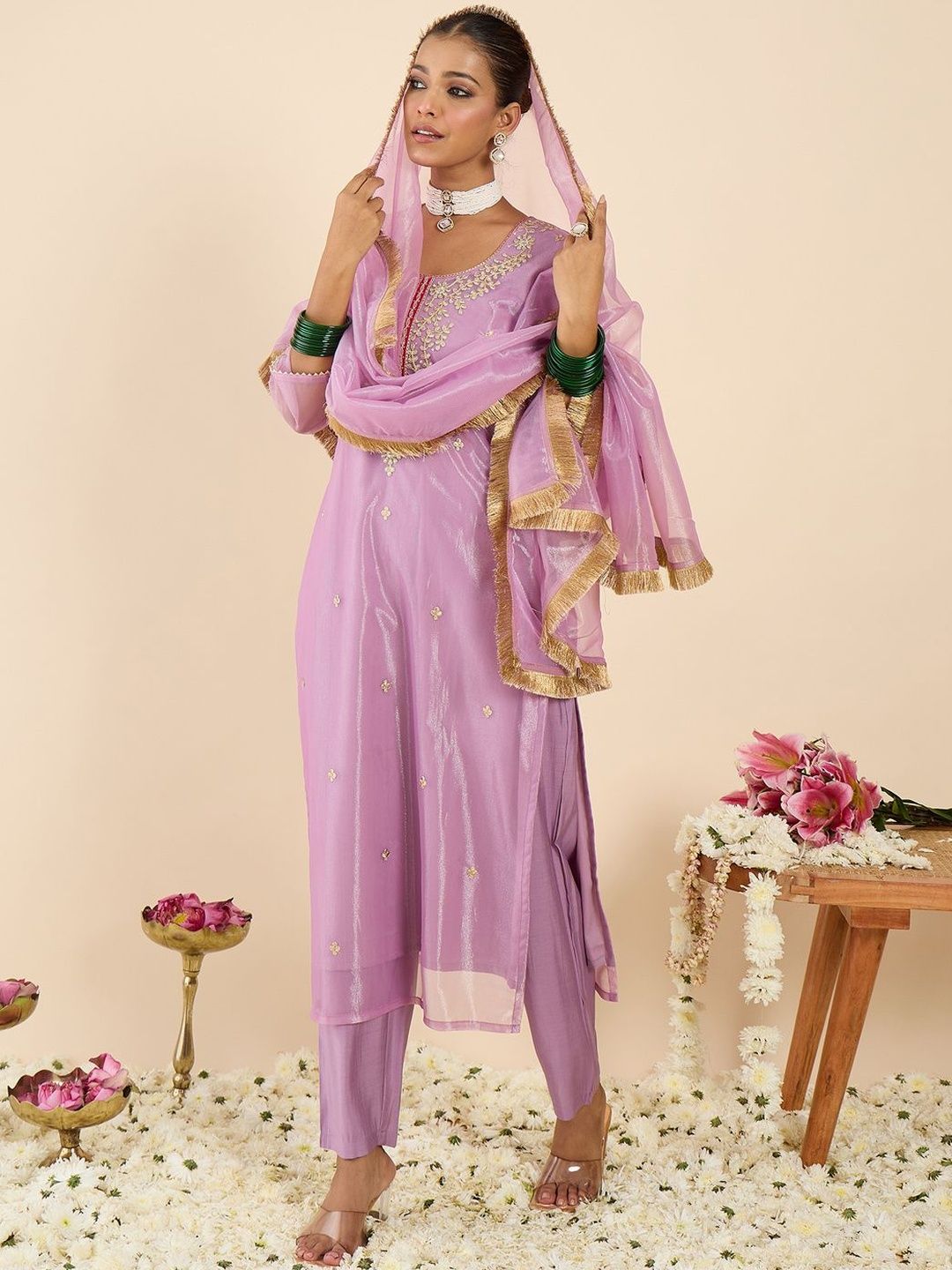 Women Ethnic Motifs Embroidered Regular Thread Work Kurta with Trousers & With Dupatta