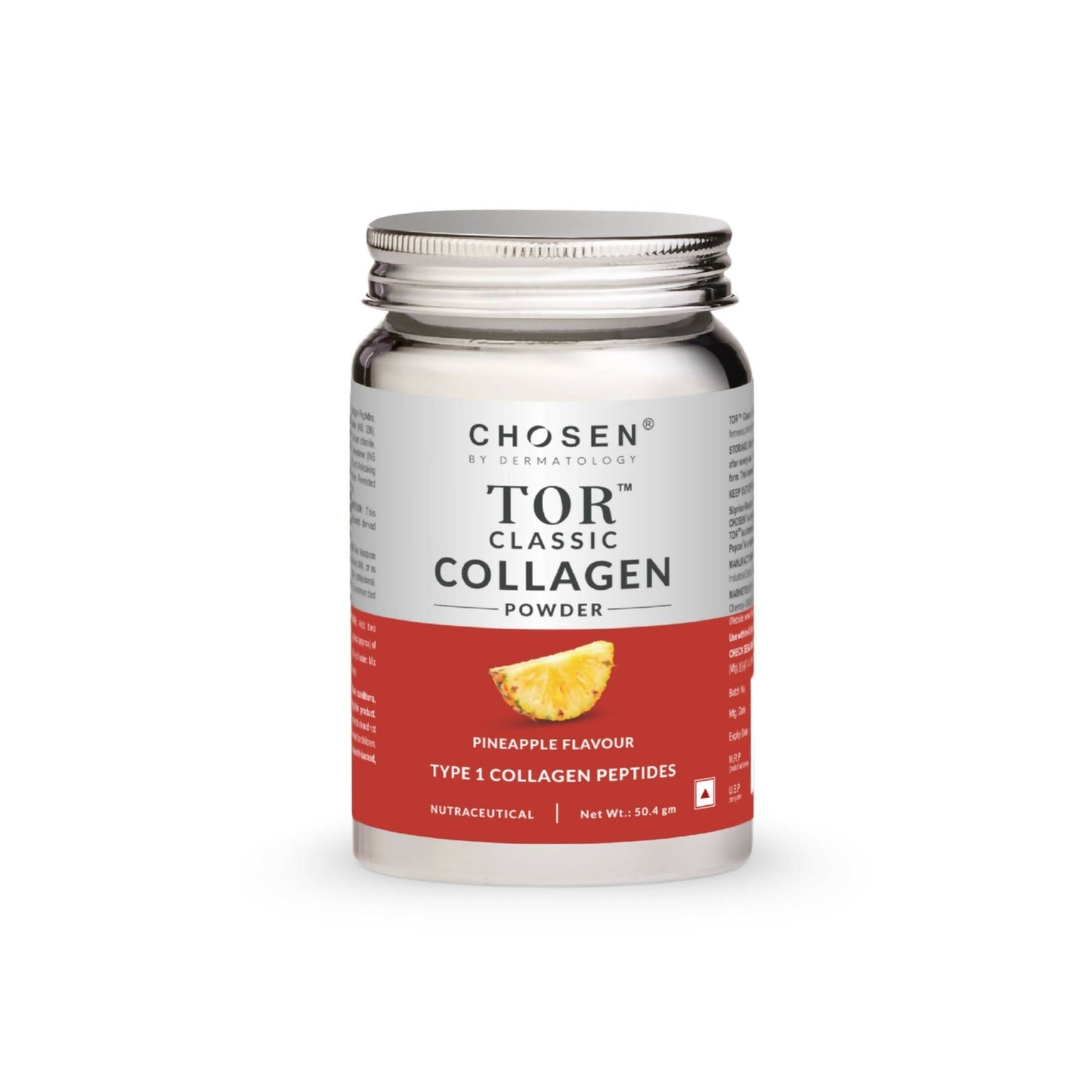 Chosen Tor Classic Marine Collagen Powder for skin, hair, and joint health, shown in a clear container with a scoop.