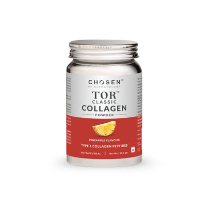 Chosen Tor Classic Marine Collagen Powder for skin, hair, and joint health, shown in a clear container with a scoop.