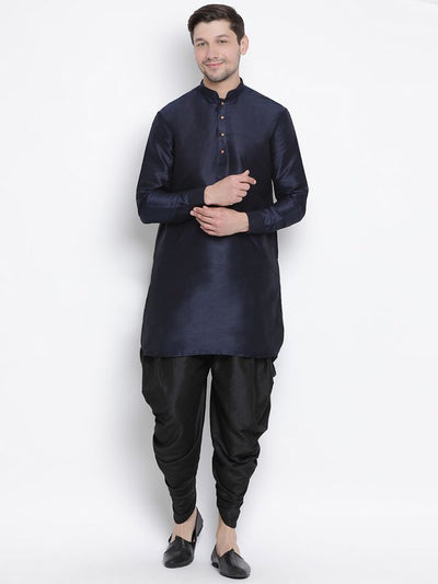 Men's Dark Blue Silk Blend Pathani Kurta and Dhoti Set