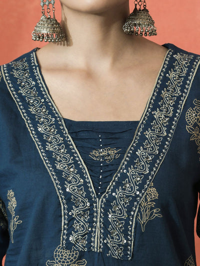 Indyancart SN Women's Floral Printed Notch Neck Pure Cotton Straight Kurta With Trouser And Dupatta