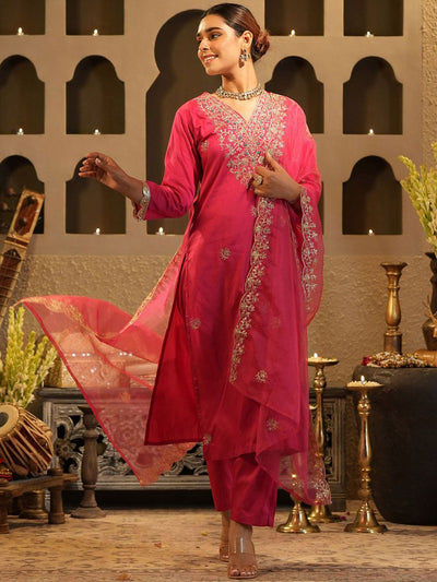 Indyancart IE Women's Women Ethnic Motifs Embroidered Regular Sequinned Kurta with Trousers & Dupatta