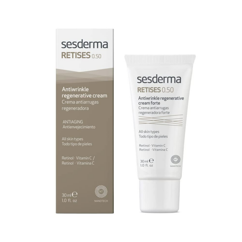 Sesderma Retises 0.50 anti-wrinkle regenerating cream jar with smooth texture and elegant packaging.