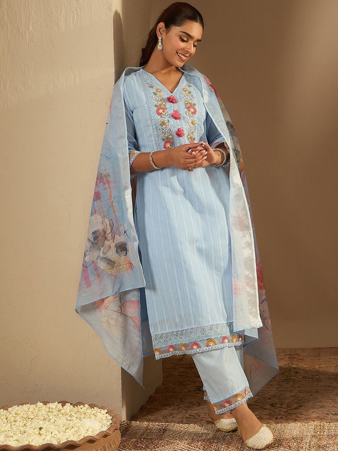 Floral Yoke Design Straight Thread Work Pure Cotton Kurta with Trousers & Dupatta