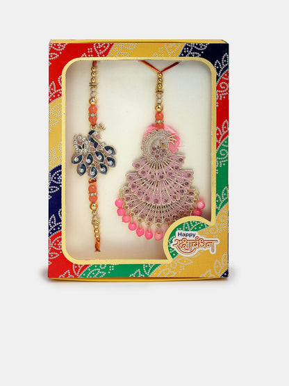 Anouk Unisex Set Of 2 Multicolor Peacock Design Stone & Beaded Bhaiya Bhabhi Rakhi