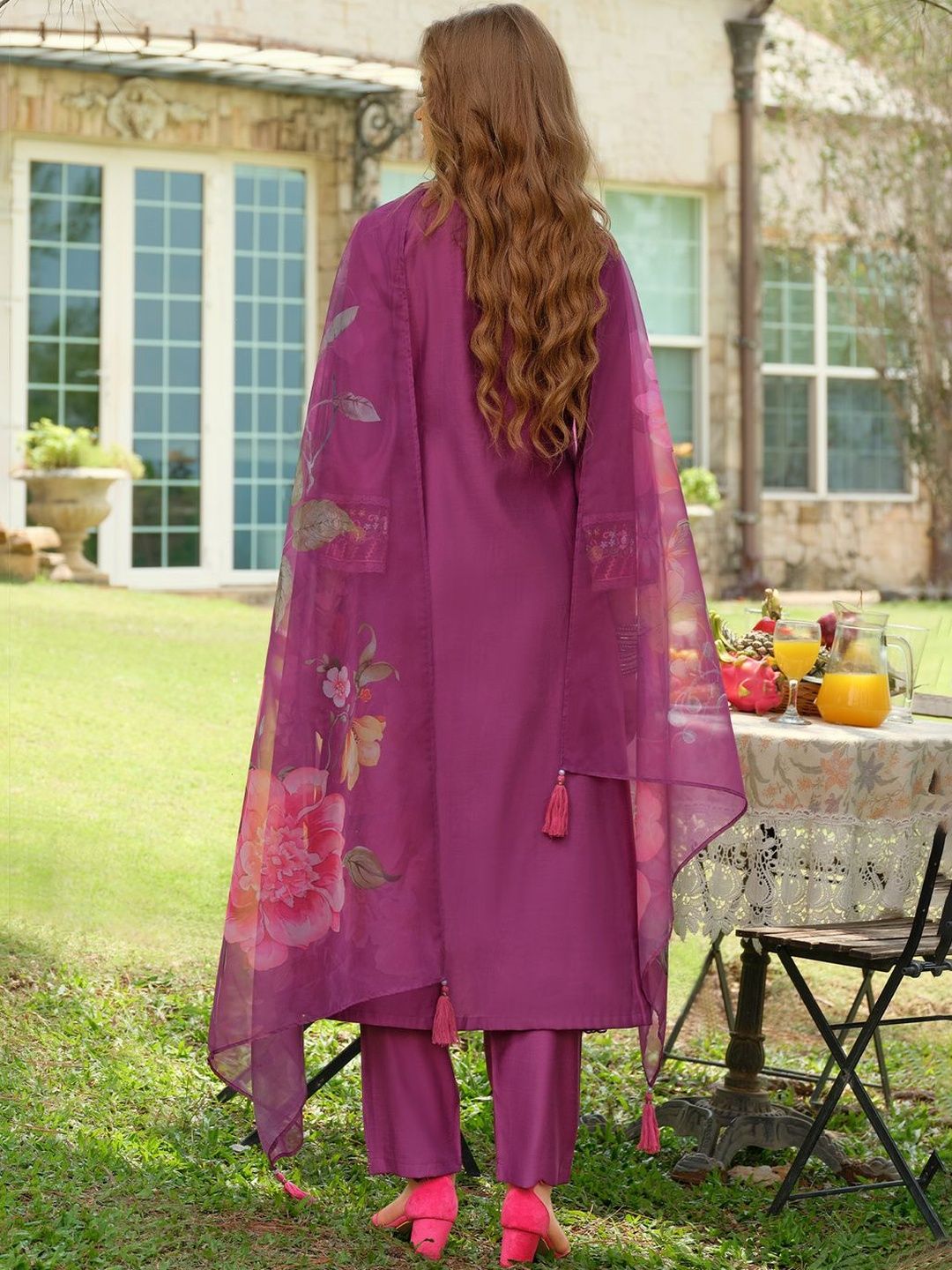Floral Embroidered Thread Work Kurta with Palazzo & With Dupatta