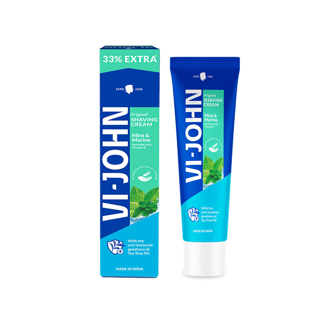 VI-JOHN Vitamin E anti-bacterial mint and marine shaving cream in a tube, designed for a smooth and refreshed shave.