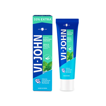 VI-JOHN Vitamin E anti-bacterial mint and marine shaving cream in a tube, designed for a smooth and refreshed shave.
