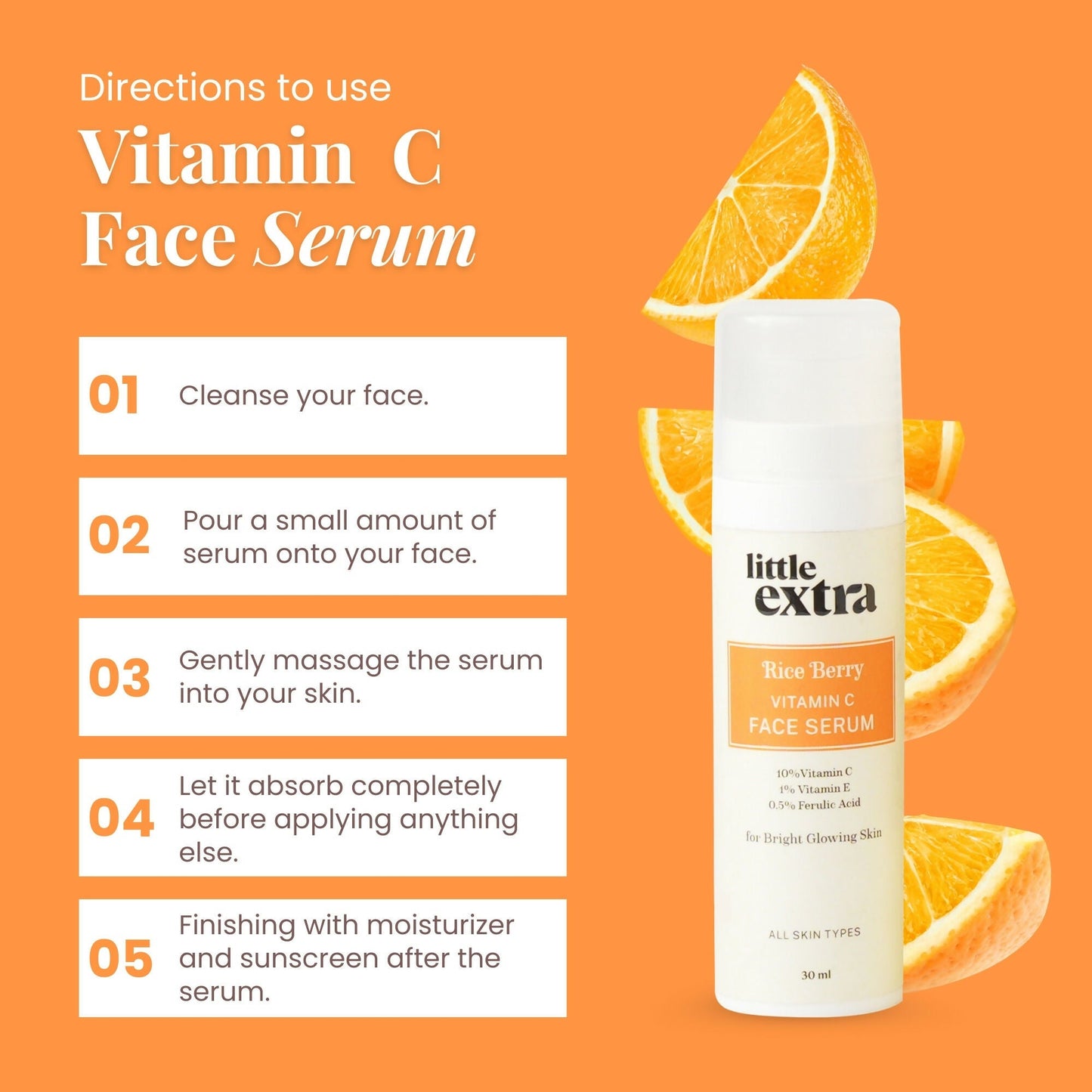 Little Extra Rice Berry Face Serum with 10% Vitamin C in a clear glass bottle, featuring a dropper applicator.
