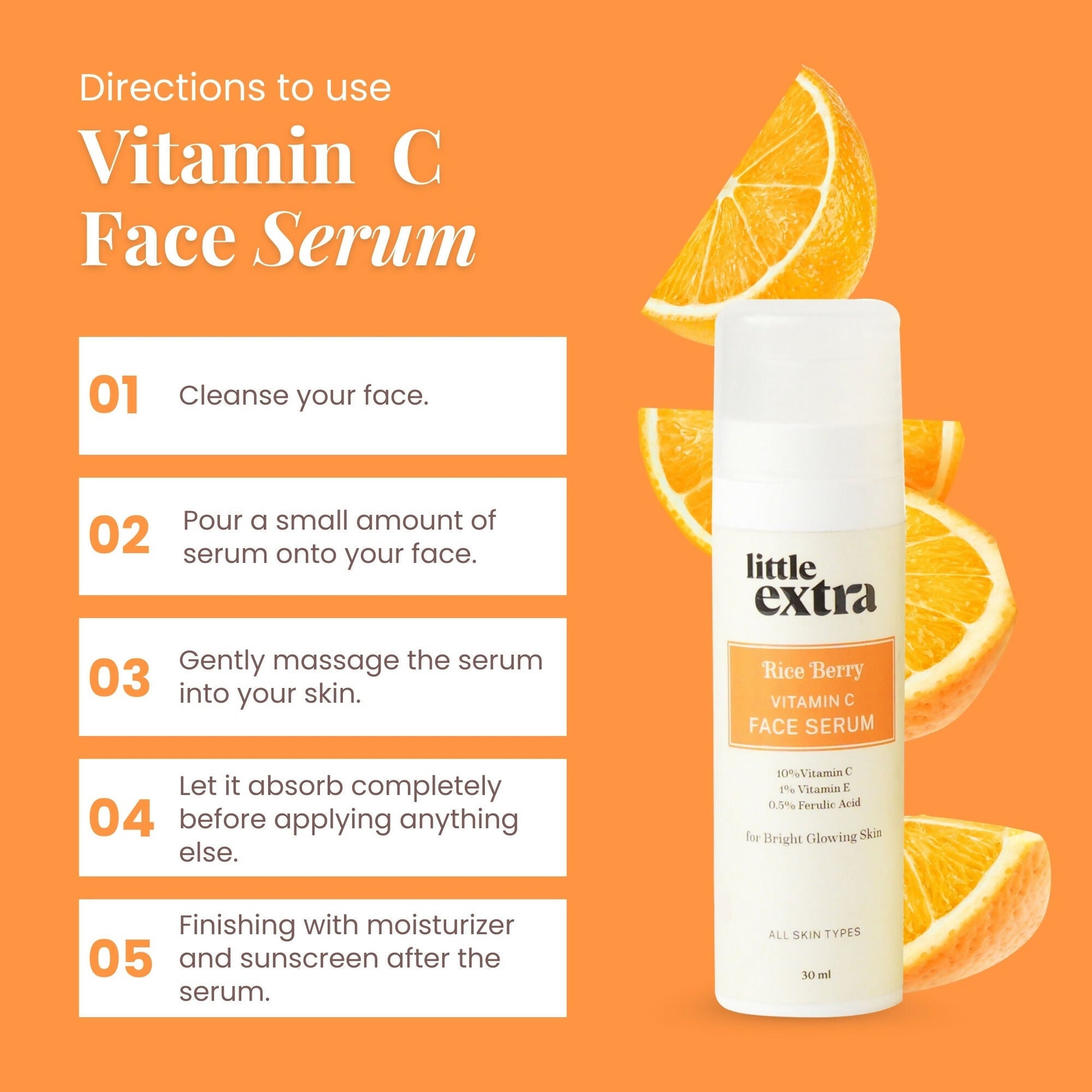 Little Extra Rice Berry Face Serum with 10% Vitamin C in a clear glass bottle, featuring a dropper applicator.