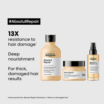 L'Oreal Professionnel Absolut Repair hair mask, shampoo, and serum set from Serie Expert, shown in a professional hair care product image.