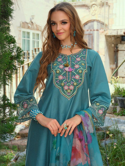 Indyancart IE Women Ethnic Motifs Embroidered A-Line Kurta with Trousers & Dupatta