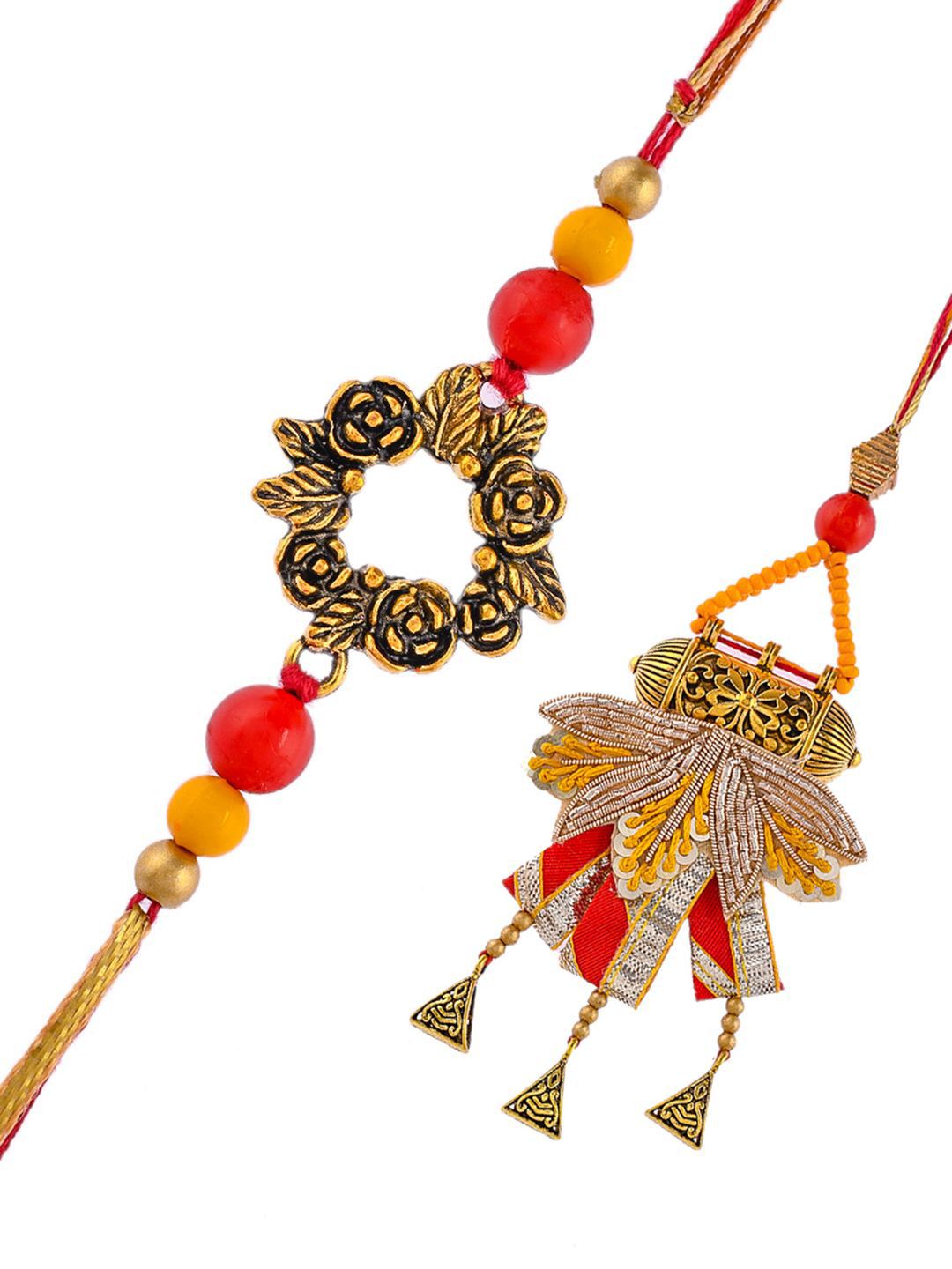 Anouk Orange Beaded Bhaiya Bhabhi Rakhis With Roli Chawal & Greeting Card