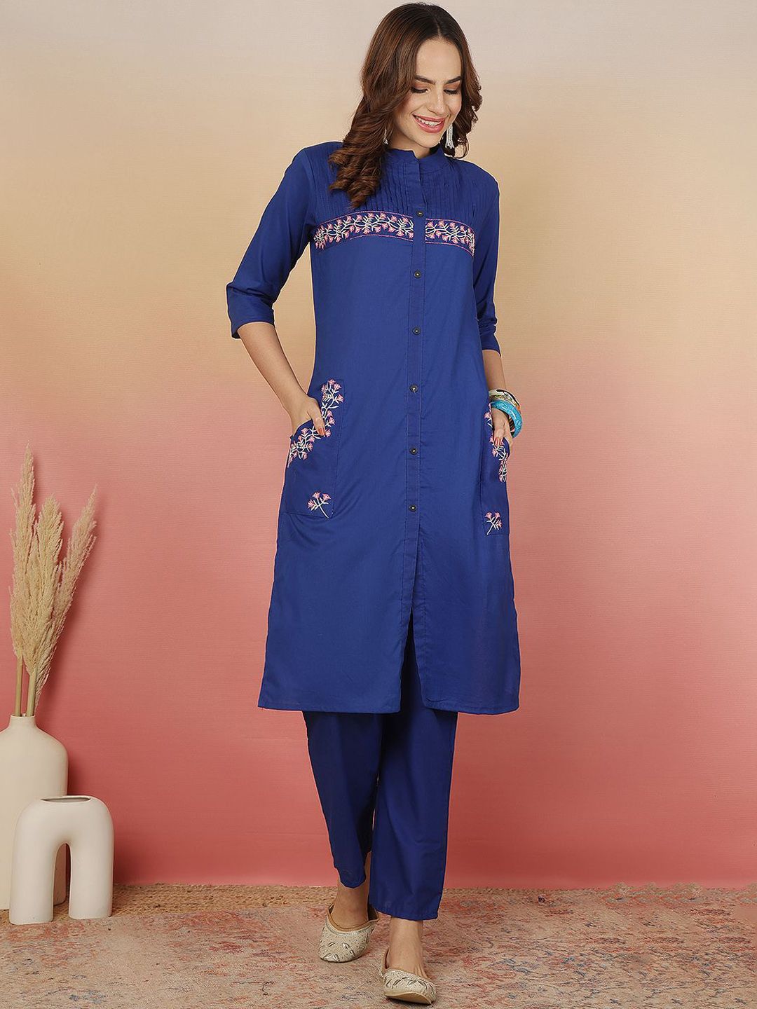 Indyancart SN Women's Embroidered Pure Cotton Straight Kurta With Trousers