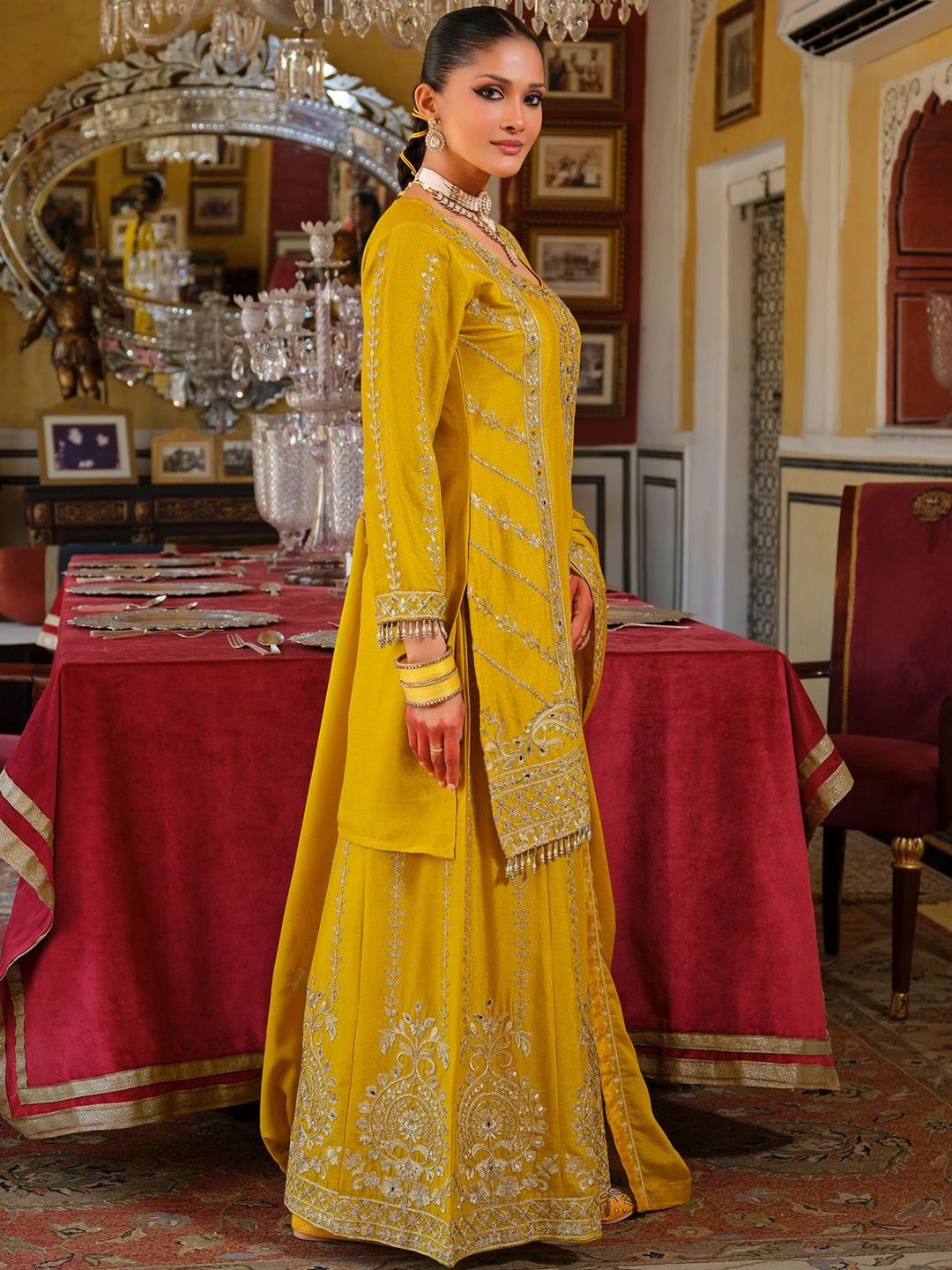 Ethnic Motifs Embroidered Straight Mirror Work Kurta With Palazzos & Dupatta