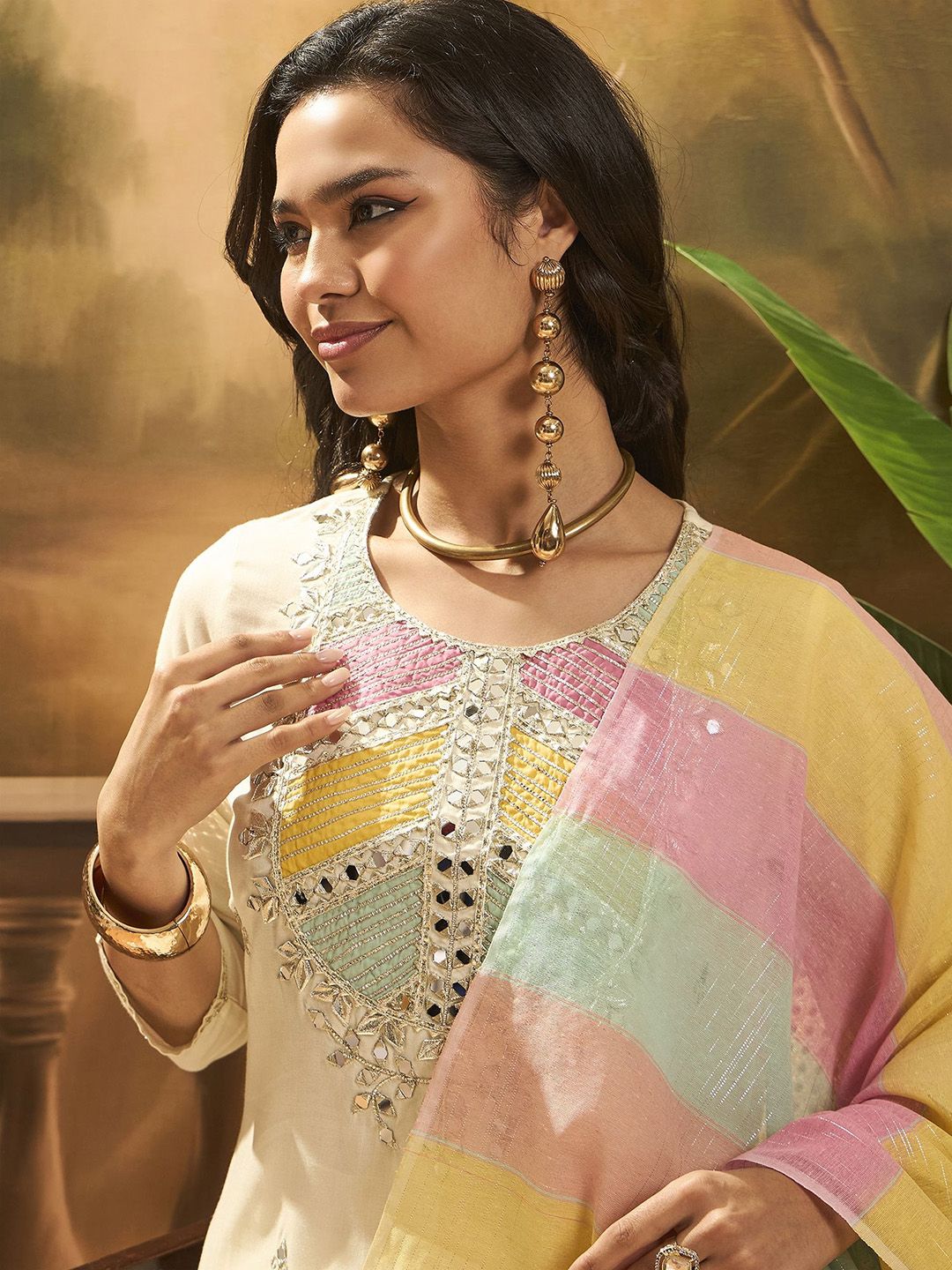 Indyancart SN Women's Floral Embroidered Straight Kurta & Trousers With Dupatta