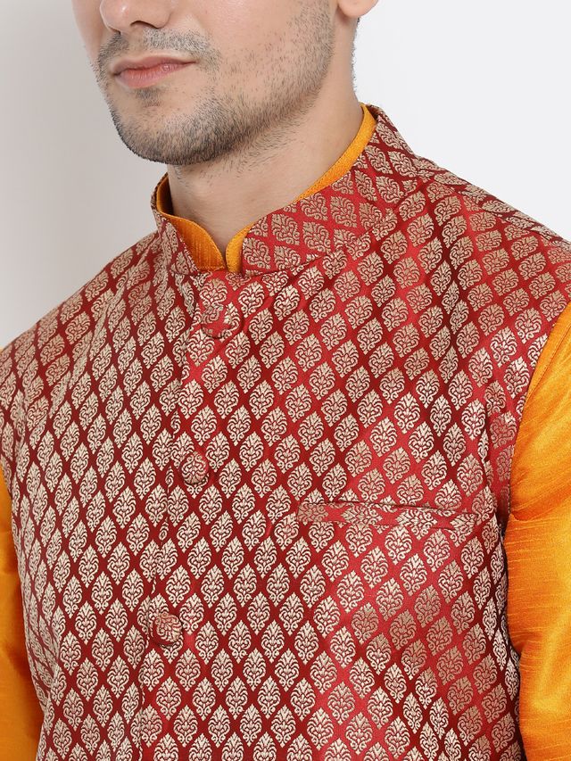 Men's Orange Silk Blend Straight Jacket  Kurta and Dhoti Set
