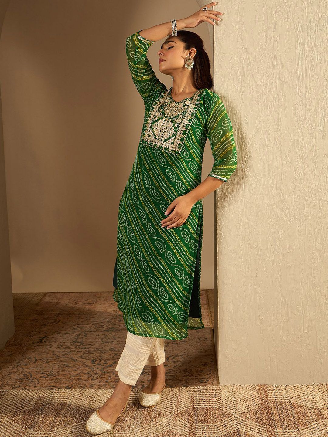 Indyancart IE Bandhani Printed Gotta Patti Straight Kurta