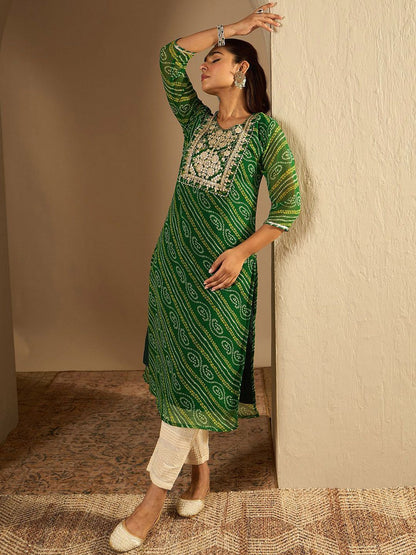 Indyancart IE Bandhani Printed Gotta Patti Straight Kurta