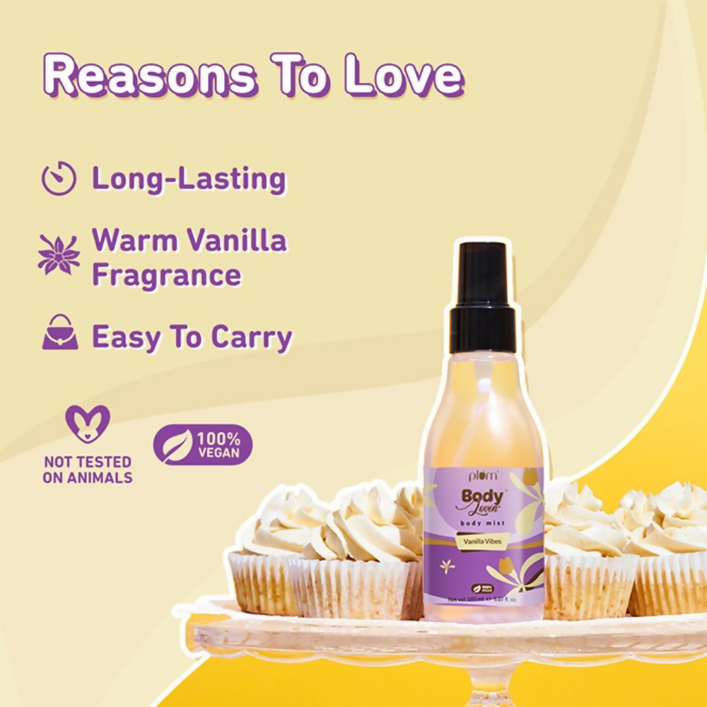 Plum BodyLovin Vanilla Vibes body mist bottle with a soft, elegant label, showcasing a vanilla scent for skin and personal care.
