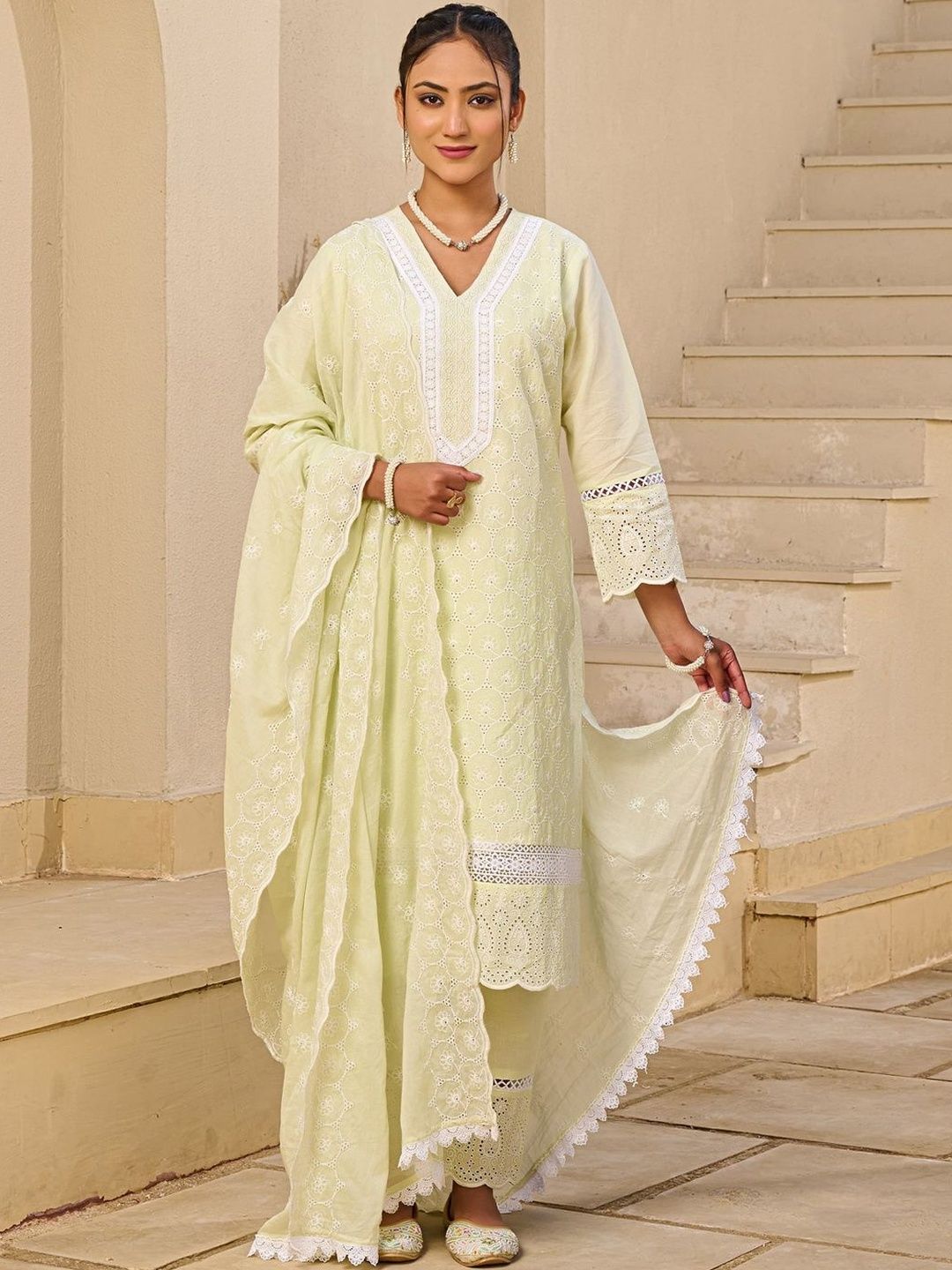 Women Ethnic Motifs Embroidered Regular Pure Cotton Kurta with Trousers & Dupatta