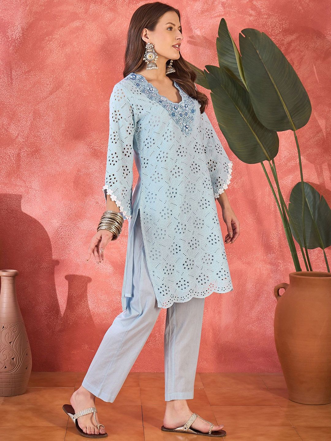 Dhiyona SN Women's Floral Schiffli Embroidered Thread Work Pure Cotton Straight Kurta With Trousers