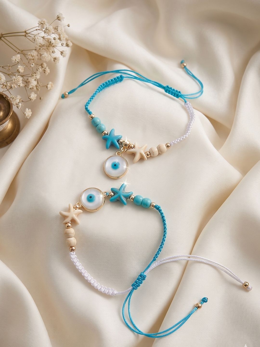 Anouk Set Of 2 Blue Evil Eye & White Pearl Bhaiya Bhabhi Rakhi With Roli Chawal Chandan