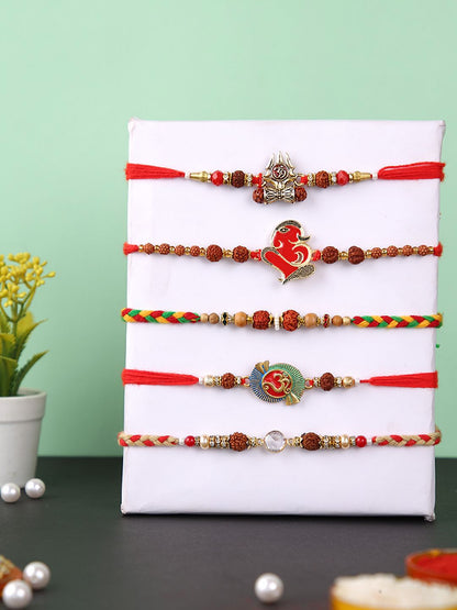 Anouk Set Of 5 Rudraksh & Swastik Beaded Thread Rakhi With Roli Chawal & Greetings Card