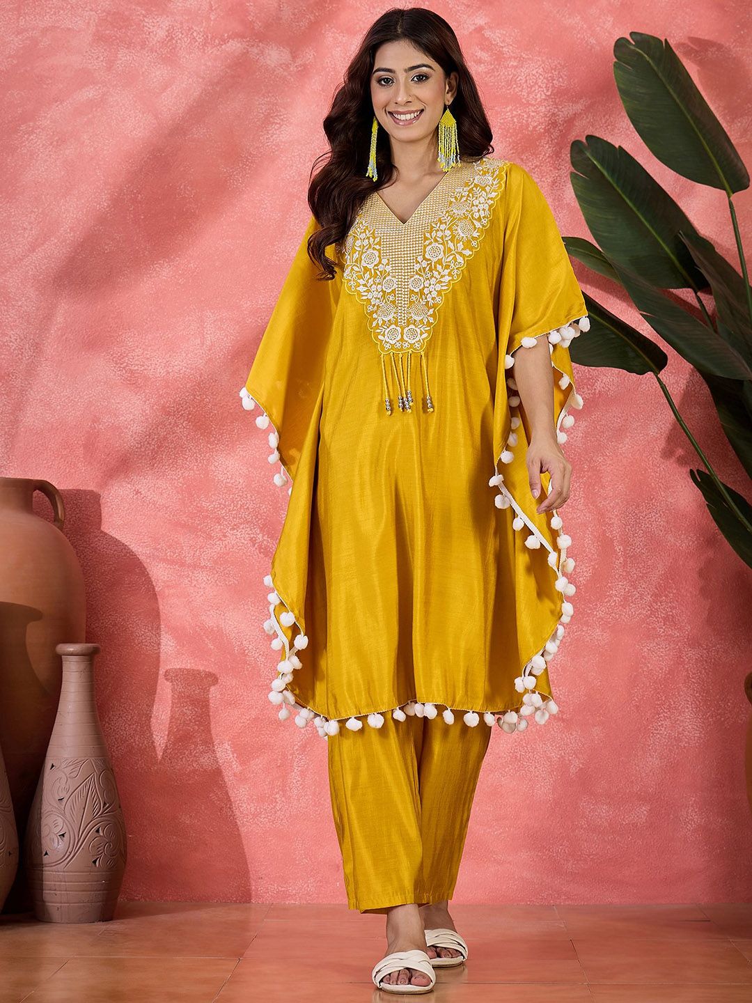 Indyancart SN Women's Embroidered V-Neck Mirror Work Kaftan With Trousers