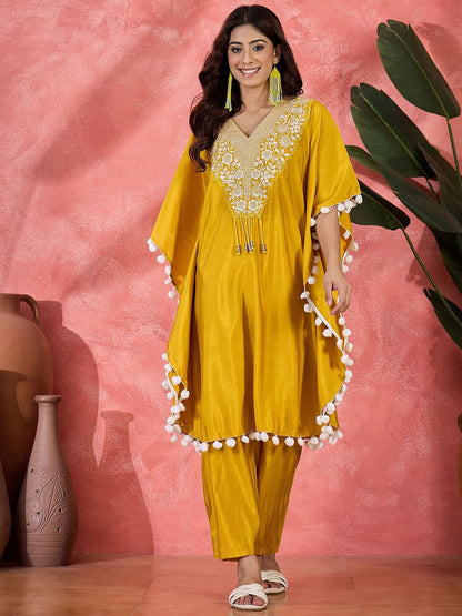 Indyancart SN Women's Embroidered V-Neck Mirror Work Kaftan With Trousers