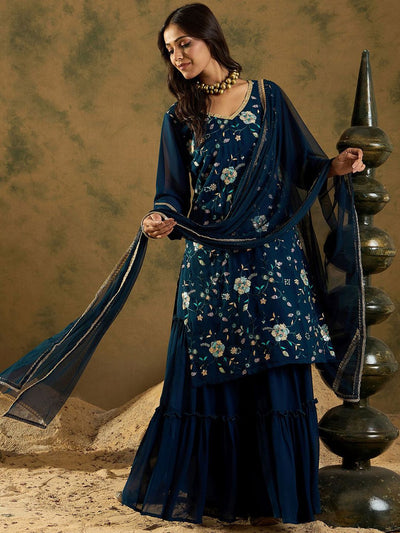 Indyancart IE Floral Embroidered Thread Work Regular Sleeves V-Neck Georgette Kurta Set