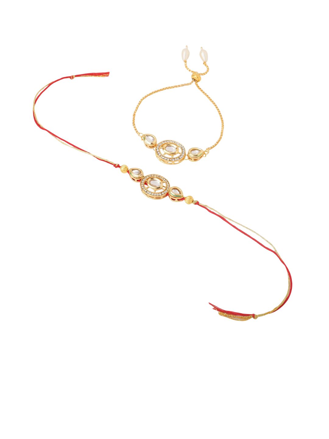 Anouk Set Of 2 Gold Toned Kundan Bhaiya Bhabhi Rakhi With Roli Chawal Chandan Mishri