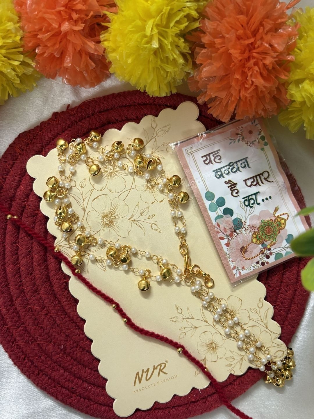 Anouk Set Of 2 Pearls Gold Toned Bhaiya Bhabhi Rakhi With Roli Chawal Chandan Mishri