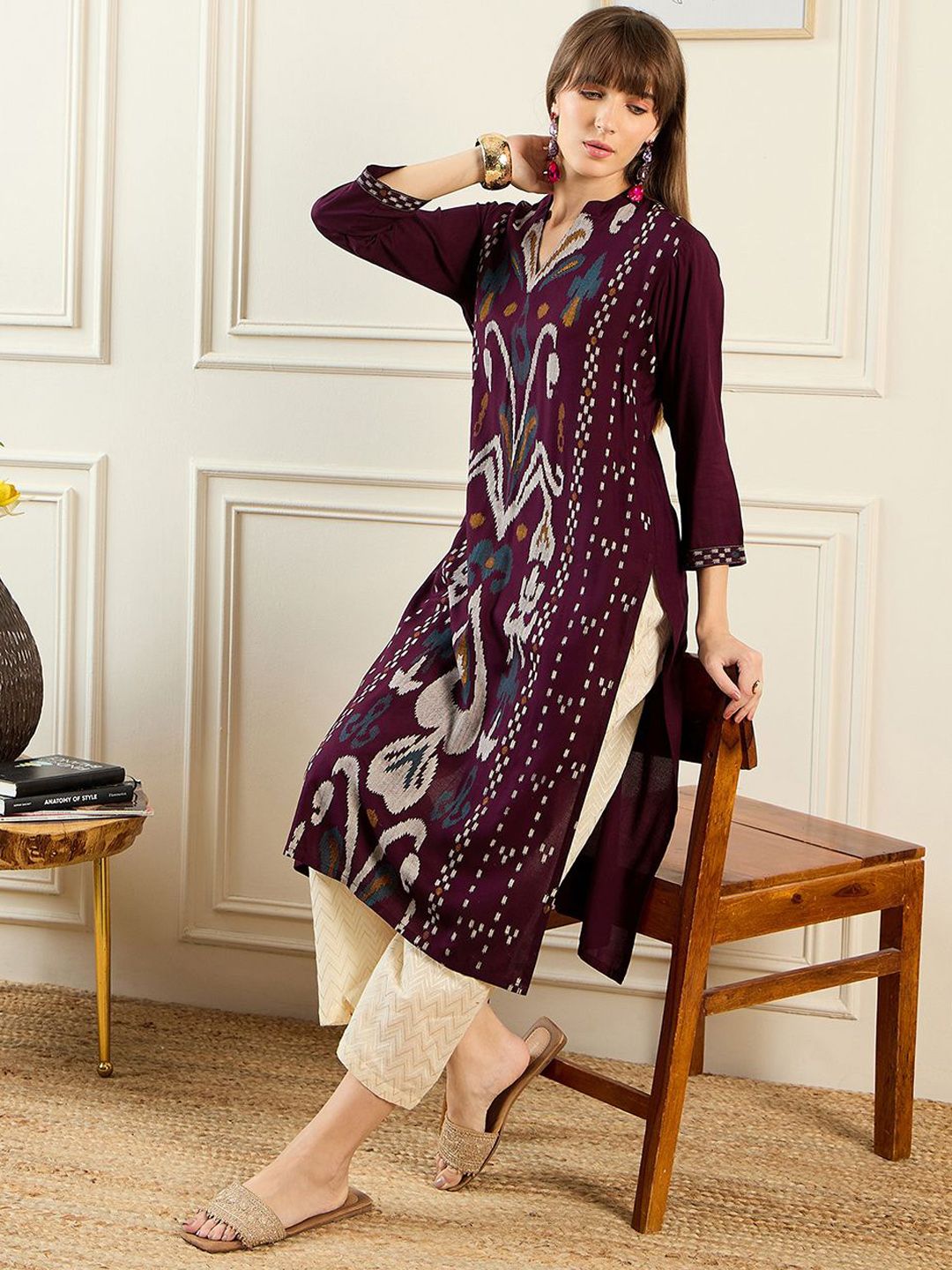 Indyancart IE Ethnic Motifs Printed Mandarin Collar Straight Kurta