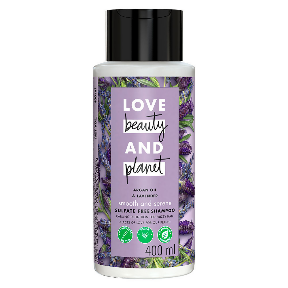 Love Beauty And Planet argan oil and lavender shampoo for dry, frizzy hair, sulfate-free hair care product with natural ingredients.