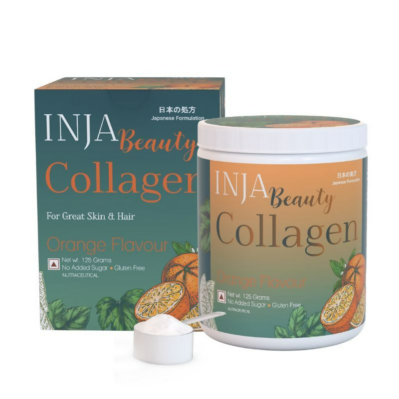 Inja Beauty Collagen skin supplement with orange flavor, biotin, vitamin C, and glutathione for healthy skin, hair, and nails.