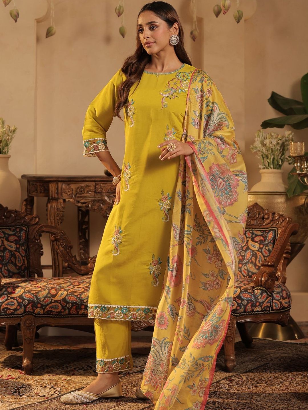 Floral Embroidered Straight Kurta With Trousers & Dupatta