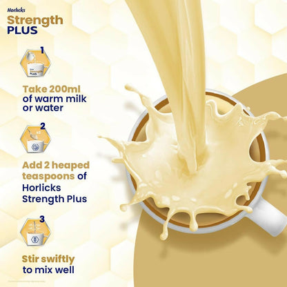 Horlicks Strength Plus vanilla flavored health drink in a glass, showing the creamy drink with vanilla flavoring.