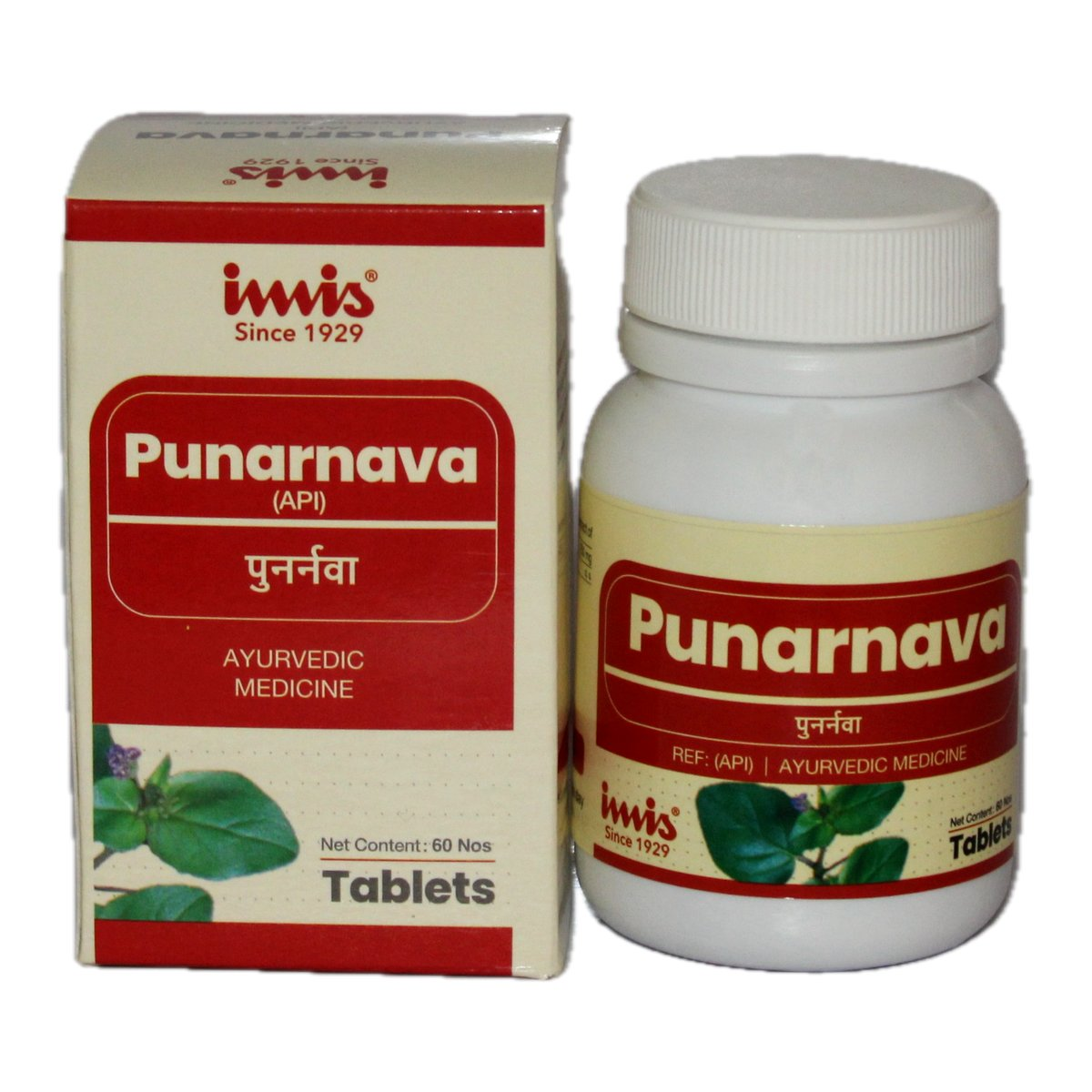IMIS Ayurveda Punarnava Tablets, 60 Ayurvedic tablets in a bottle, featuring herbal packaging and product label.