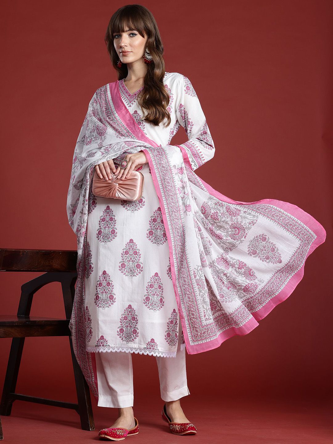 Floral Printed Sequinned V-Neck Pure Cotton Kurta with Trousers & Dupatta