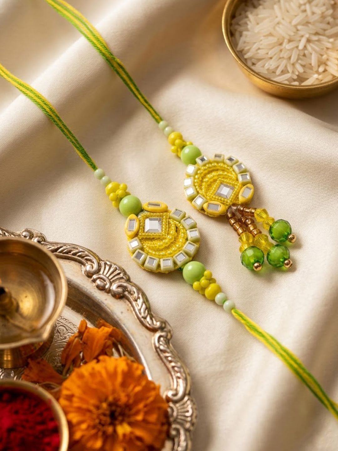 Anouk Set Of 2 Artificial Beads Mirror Work Bhaiya Bhabhi Rakhi With Roli Chawal Chandan