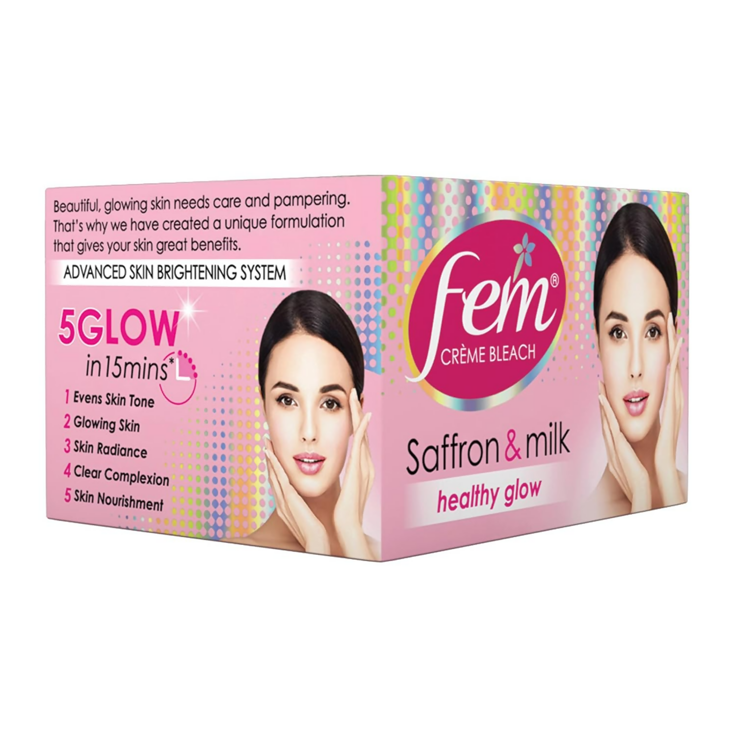 Fem Fem Fairness Saffron and Milk face bleach creme in a jar, showcasing the product's packaging and creamy texture.