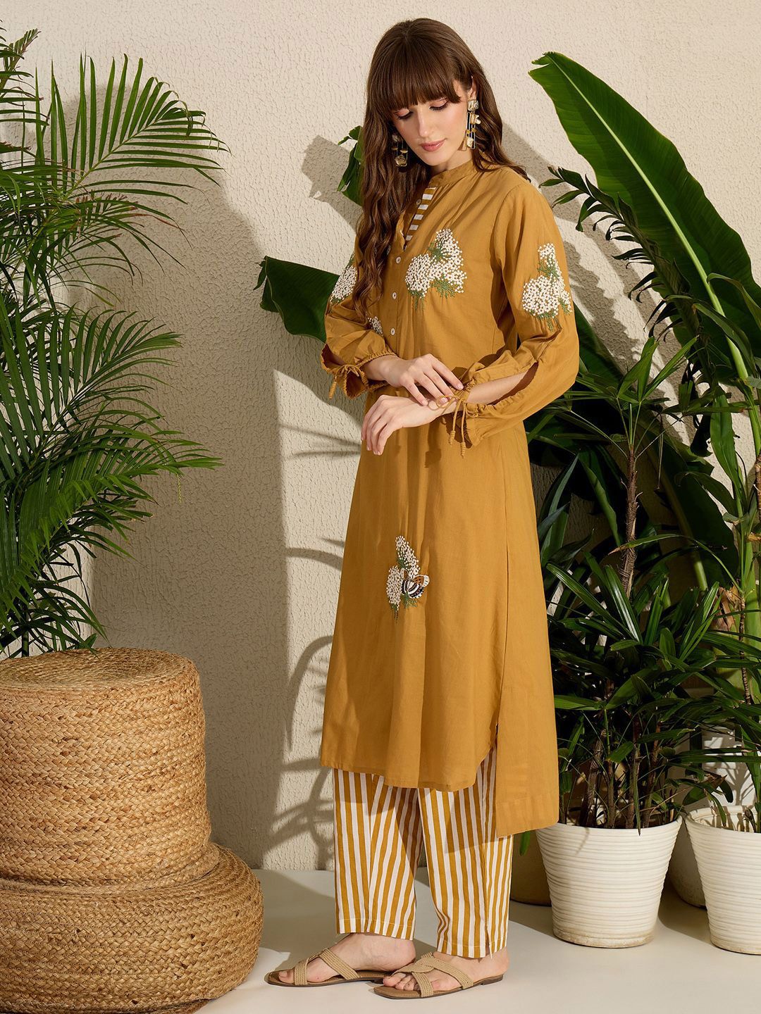 Adults-Women Woven Design Embroidered Cotton Kurta with Trousers