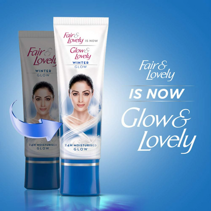Glow & Lovely Winter Glow Face Cream jar with white lid and pink packaging, showcasing a smooth, creamy texture.