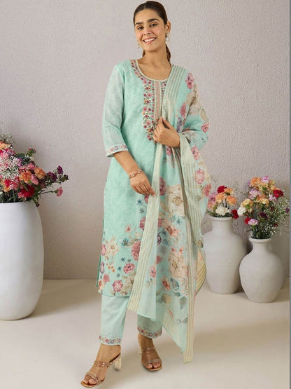 Women Floral Printed Regular Thread Work Linen Kurta with Trousers & With Dupatta