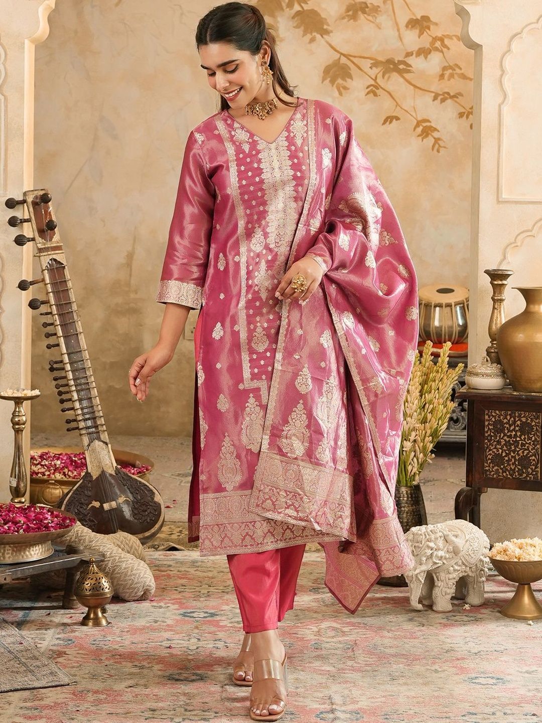 Women Ethnic Motifs Woven Design Kurta with Trousers & Dupatta