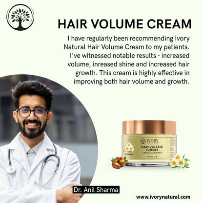 Ivory Natural Hair Volume Cream in a jar, showcasing thick, natural hair with fuller, voluminous appearance.
