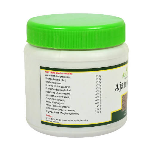 Agatsya Ajamodadi Churna in a glass jar with a scoop, showcasing the herbal powder for digestive health.