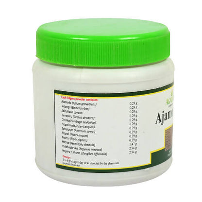 Agatsya Ajamodadi Churna in a glass jar with a scoop, showcasing the herbal powder for digestive health.