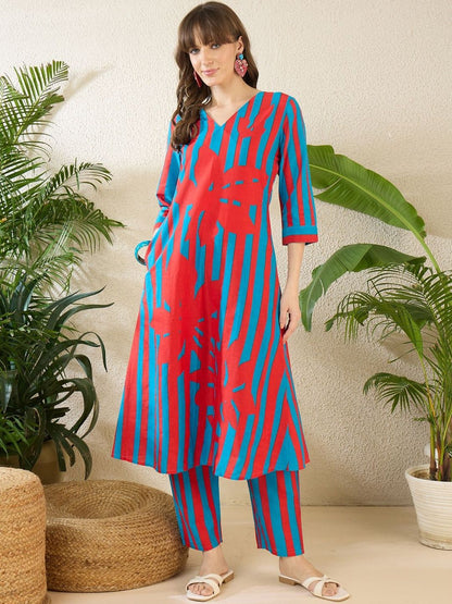 Indyancart IE Printed V-Neck Three-Quarter Sleeves Pure Cotton Tunic And Trousers